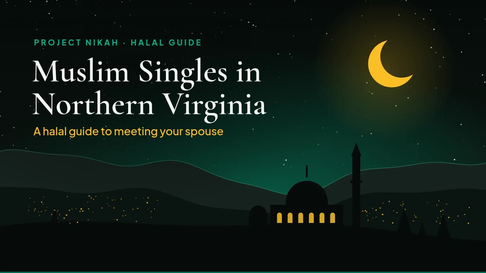 Muslim Singles in Northern Virginia: a halal guide to meeting your spouse. Gold crescent moon over rolling Virginia hills and a lit masjid, with warm windows of homes in the valley.